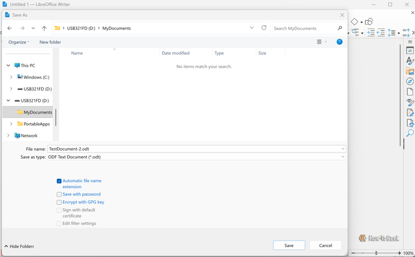 LibreOffice Writer's Save As dialog shows a document being saved to the MyDocuments folder on a USB flash drive.