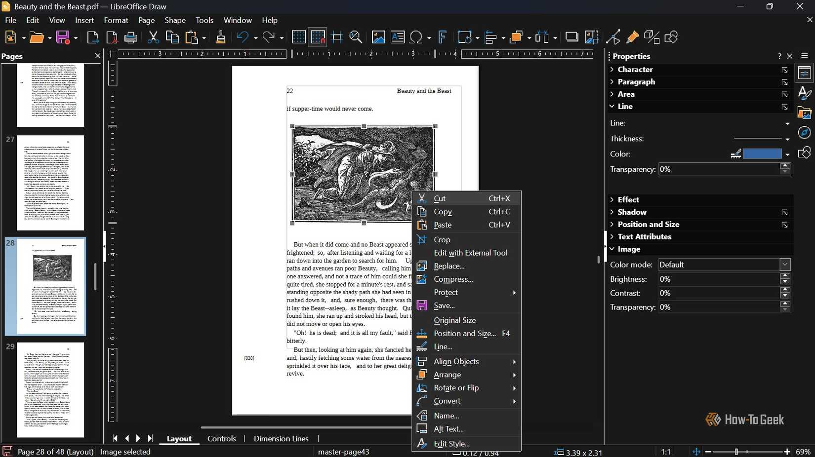 LibreOffice Draw displays a PDF with an image selected and a context menu showing options for editing the image.