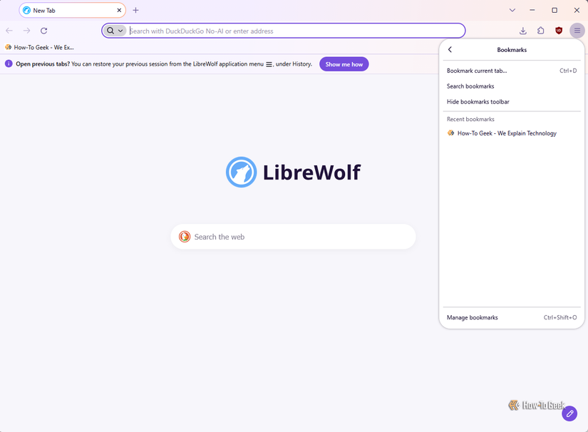 LibreWolf Portable displays its bookmarks menu, including a saved bookmark for How-To Geek that was retained after restarting the browser.