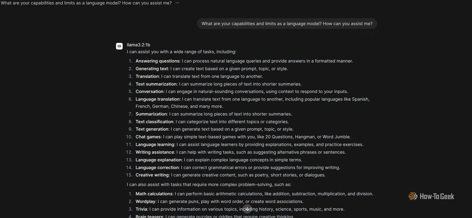 An Ollama model explaining what it can and can't do to a user query.