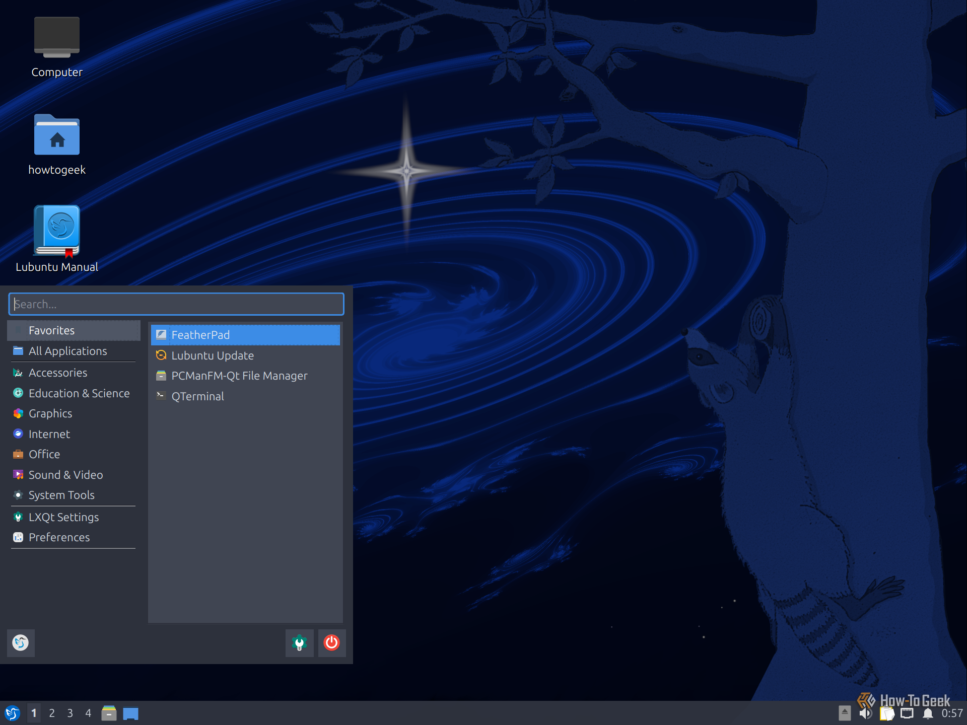 Lubuntu LXQt desktop with the application menu open on Favorites.
