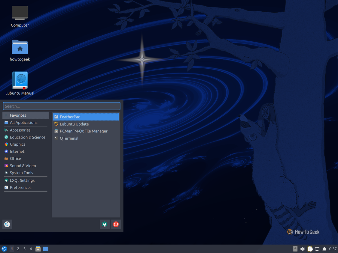 Lubuntu LXQt desktop with the application menu open on Favorites.