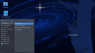 Lubuntu LXQt desktop with the application menu open on Favorites.