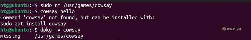 The terminal shows a missing package error after a system executable is deliberately deleted and then run.