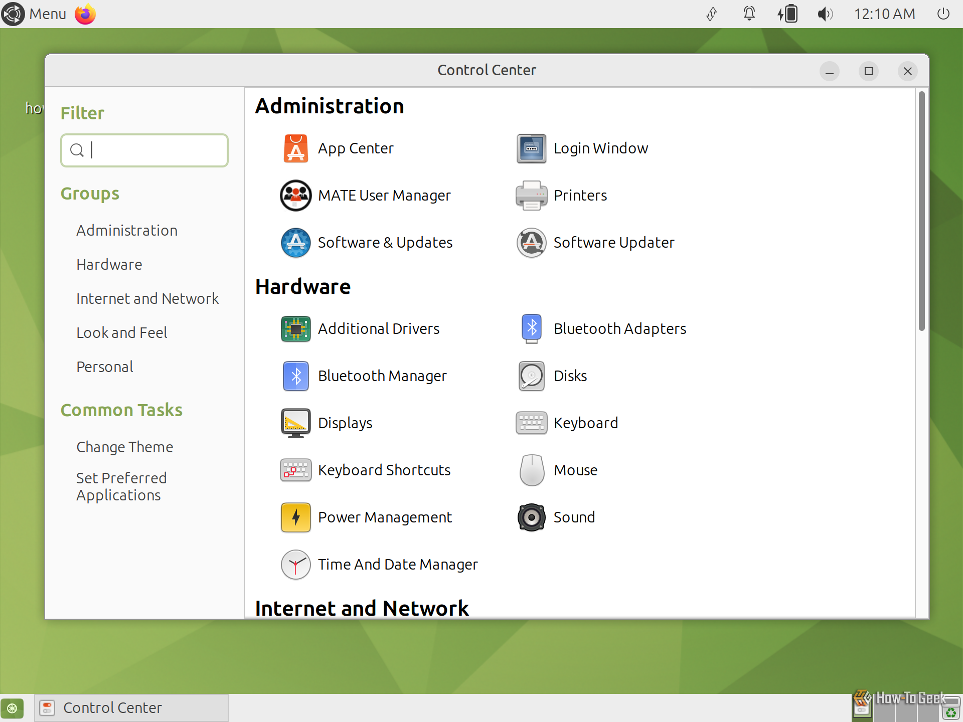 MATE Control Center showing Administration and Hardware settings groups.