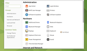 MATE Control Center showing Administration and Hardware settings groups.