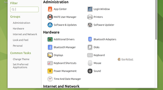 MATE Control Center showing Administration and Hardware settings groups.