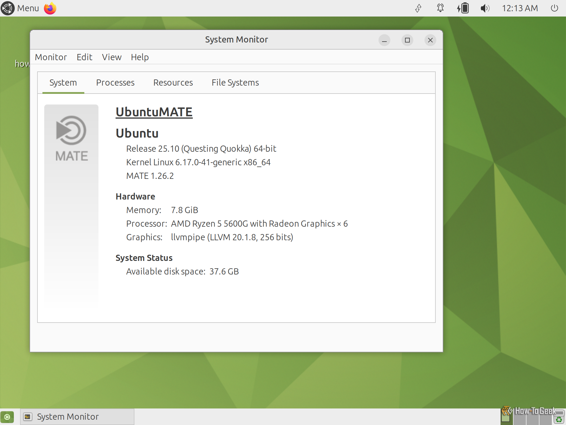MATE System Monitor System tab showing Ubuntu 25.10 with MATE 1.26.2.