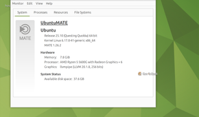 MATE System Monitor System tab showing Ubuntu 25.10 with MATE 1.26.2.