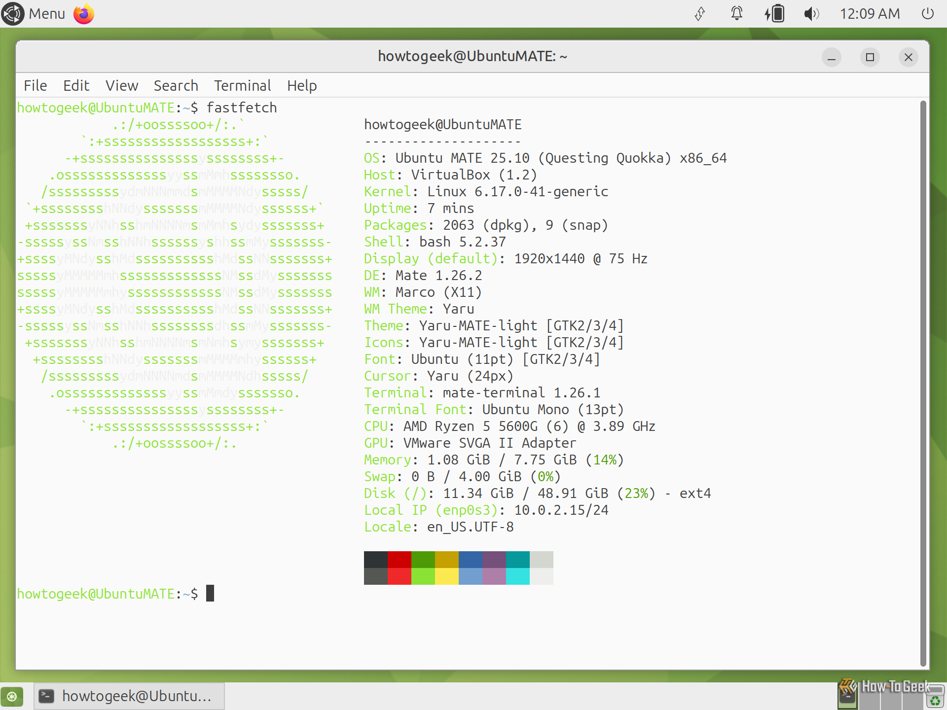 MATE Terminal showing fastfetch output for Ubuntu MATE 25.10 with MATE 1.26.2 on X11.