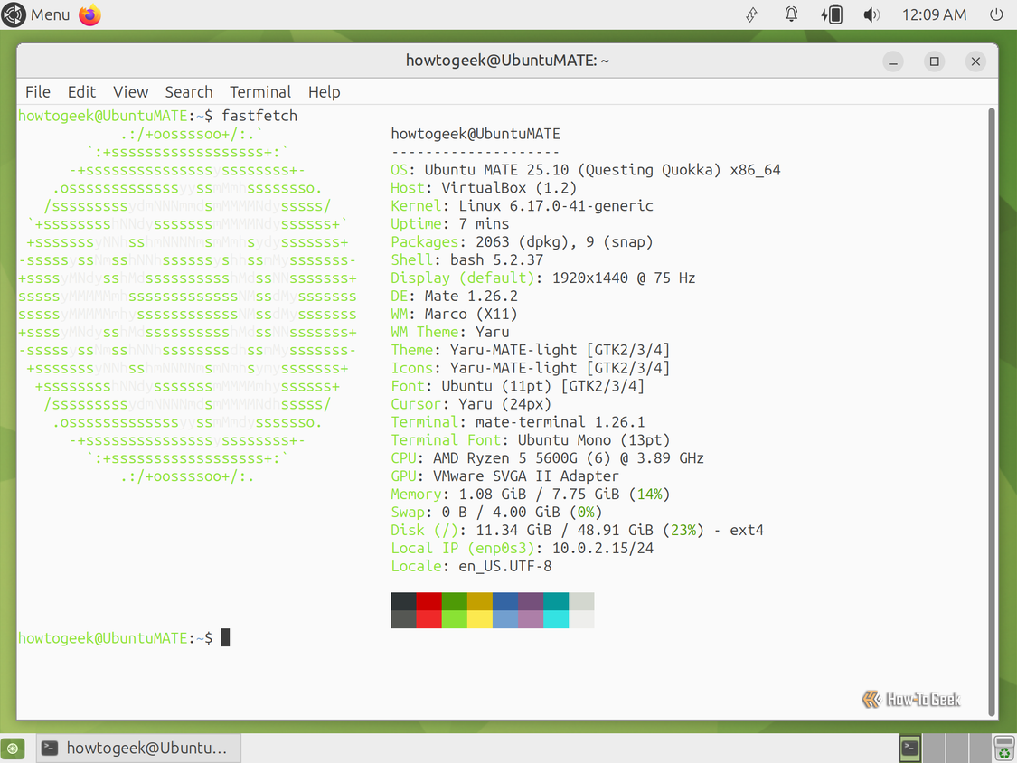 MATE Terminal showing fastfetch output for Ubuntu MATE 25.10 with MATE 1.26.2 on X11.