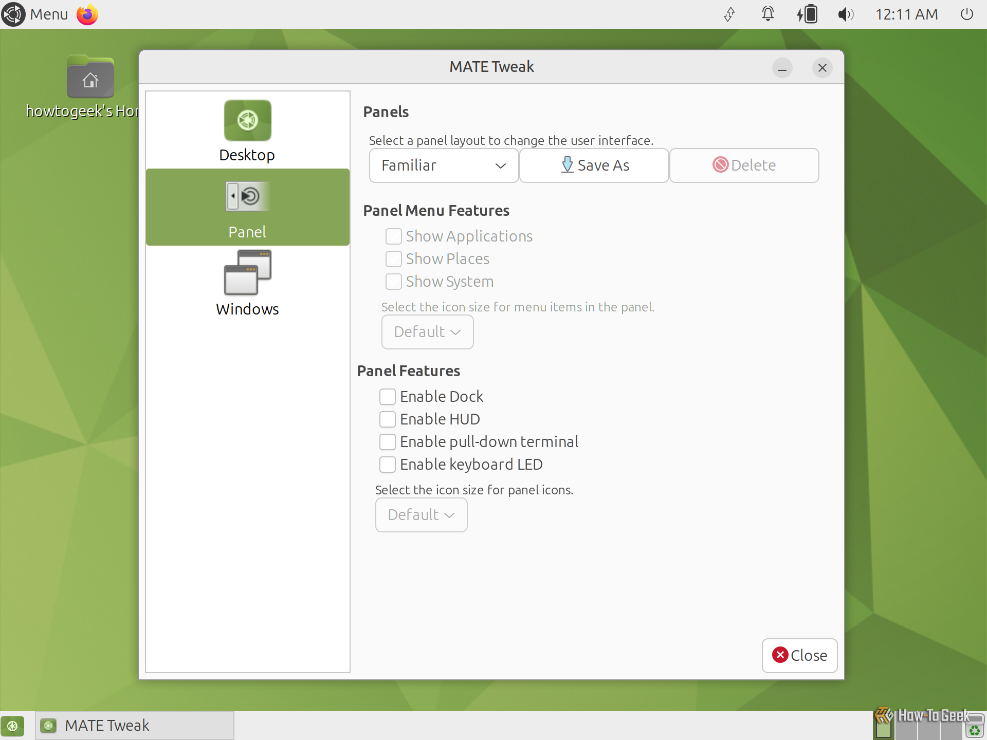 MATE Tweak Panel settings with the Familiar panel layout selected.