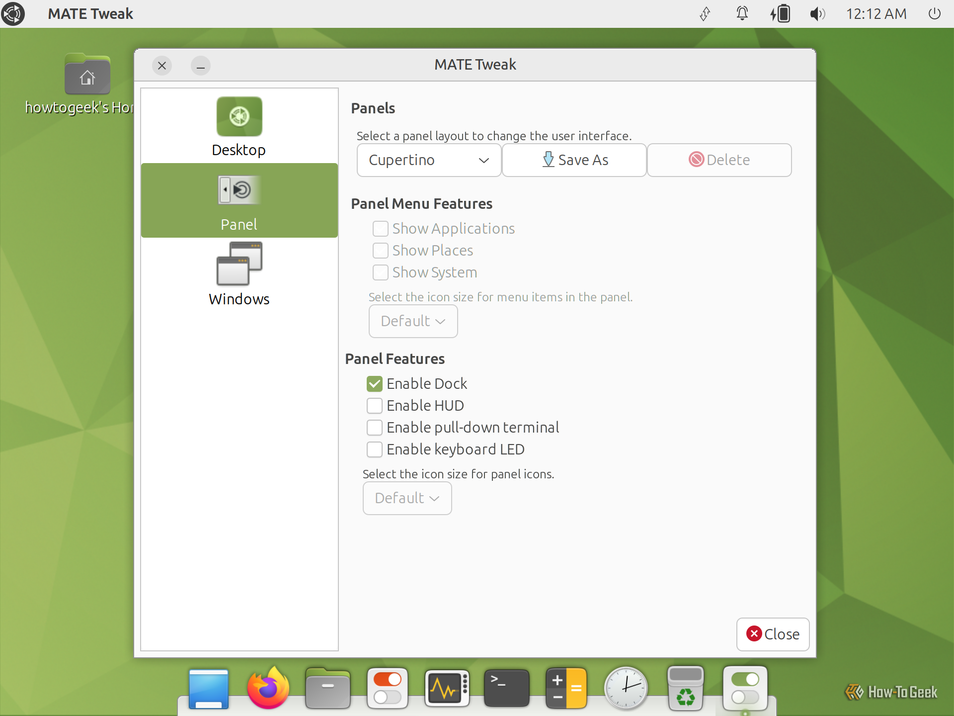 MATE Tweak with the Cupertino panel layout applied, adding a macOS-style bottom dock.