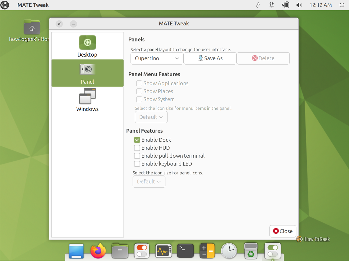 MATE Tweak with the Cupertino panel layout applied, adding a macOS-style bottom dock.