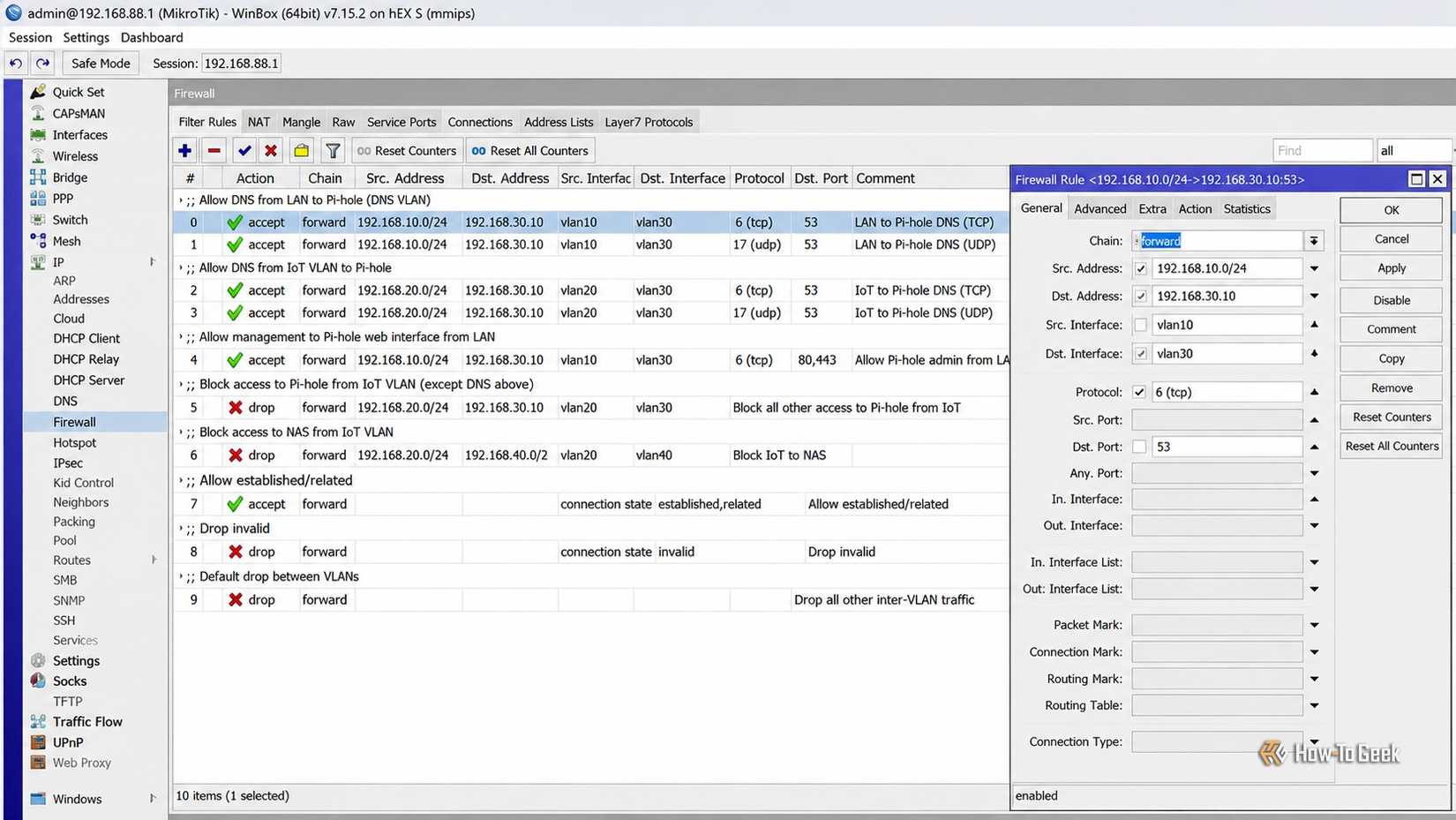 MikroTik WinBox displays firewall filter rules that allow DNS traffic to Pi-hole while restricting IoT access to network storage and other VLANs.