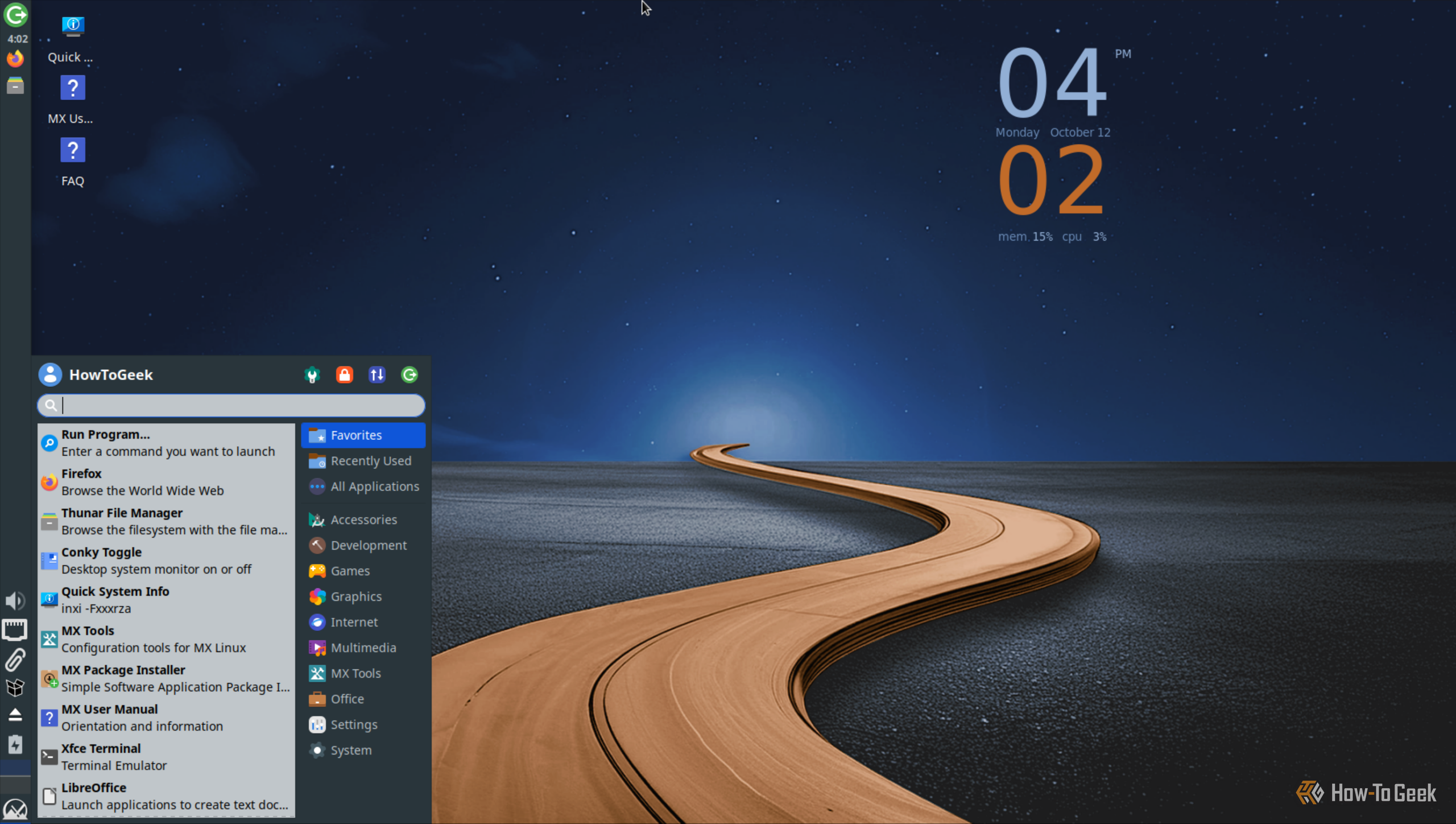 MX Linux Xfce desktop with the Whisker menu open and a Conky clock widget.