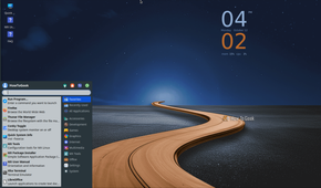 MX Linux Xfce desktop with the Whisker menu open and a Conky clock widget.