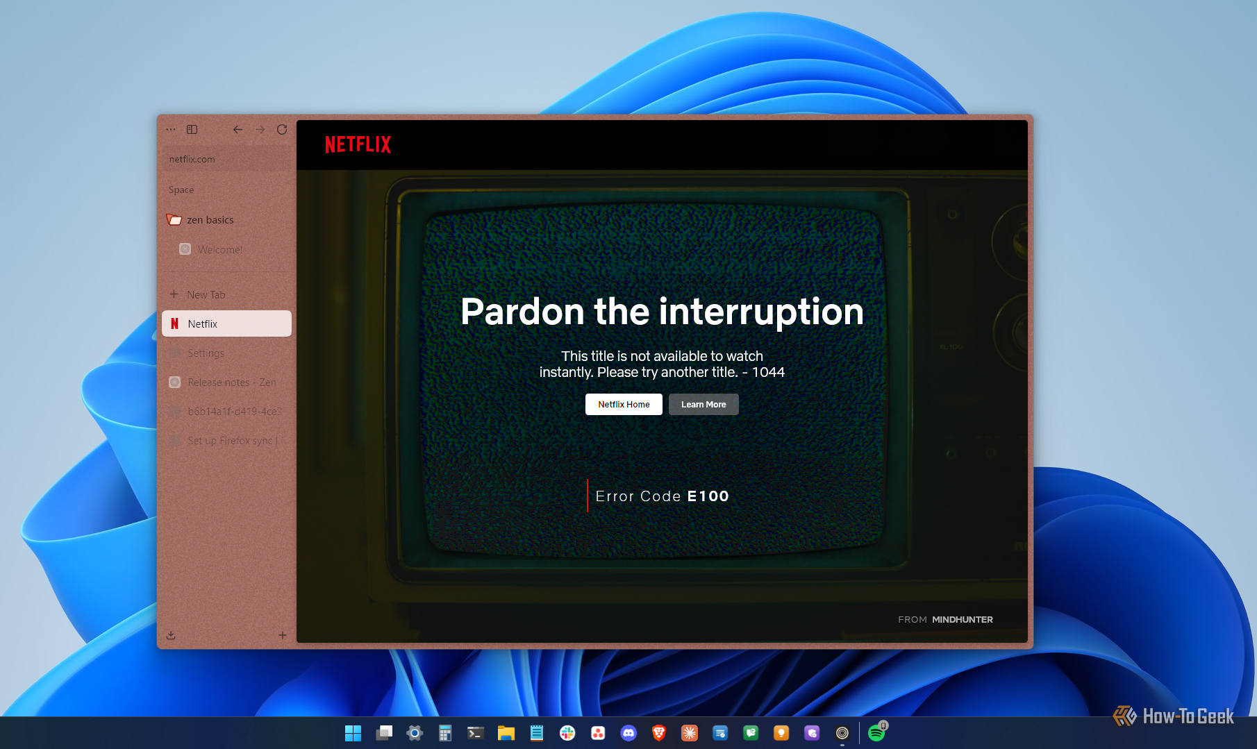 Netflix error E100 in Zen Browser on Windows 11 saying the title is not available to watch.