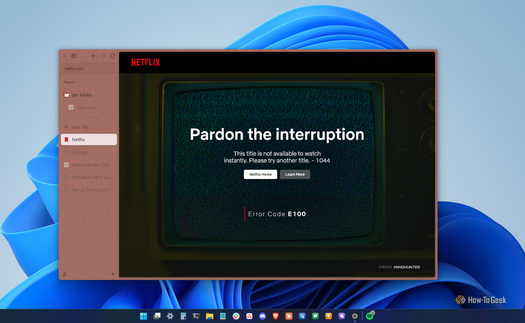 Netflix error E100 in Zen Browser on Windows 11 saying the title is not available to watch.