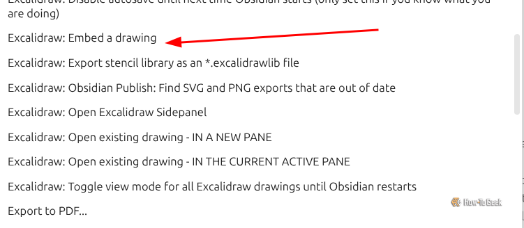 Adding an embedded drawing through the command palette in Obsidian.