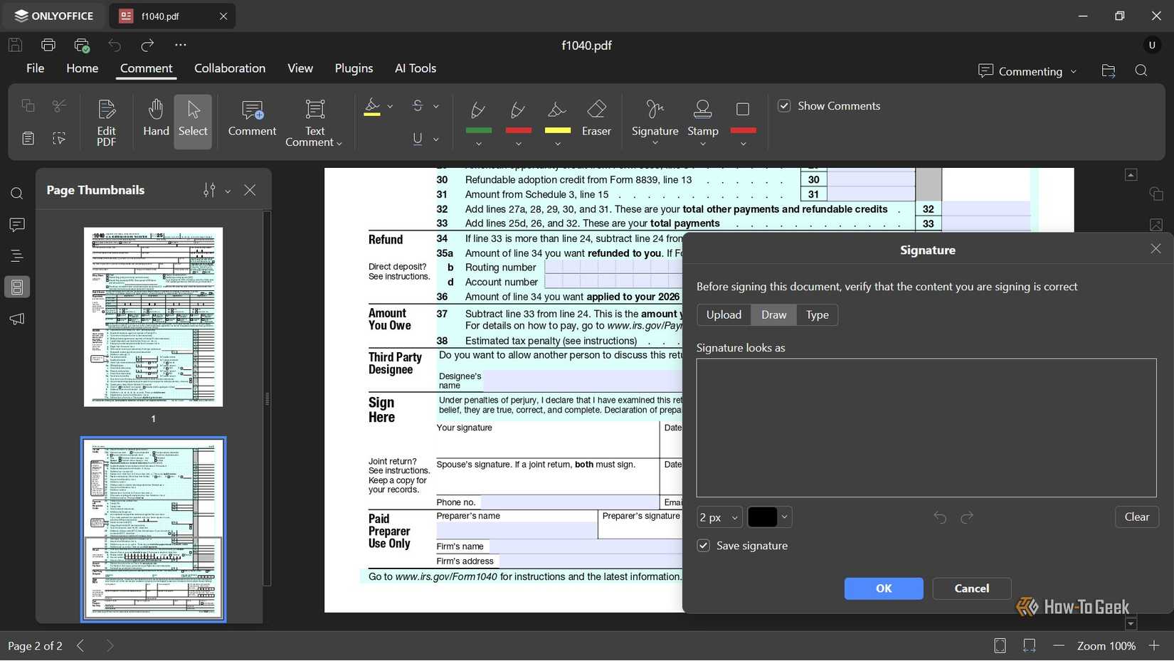 ONLYOFFICE PDF Editor displays a Form 1040 document with the signature dialog open.