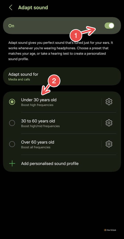 Adjusting Adapt Sound settings on Samsung Galaxy S26+.