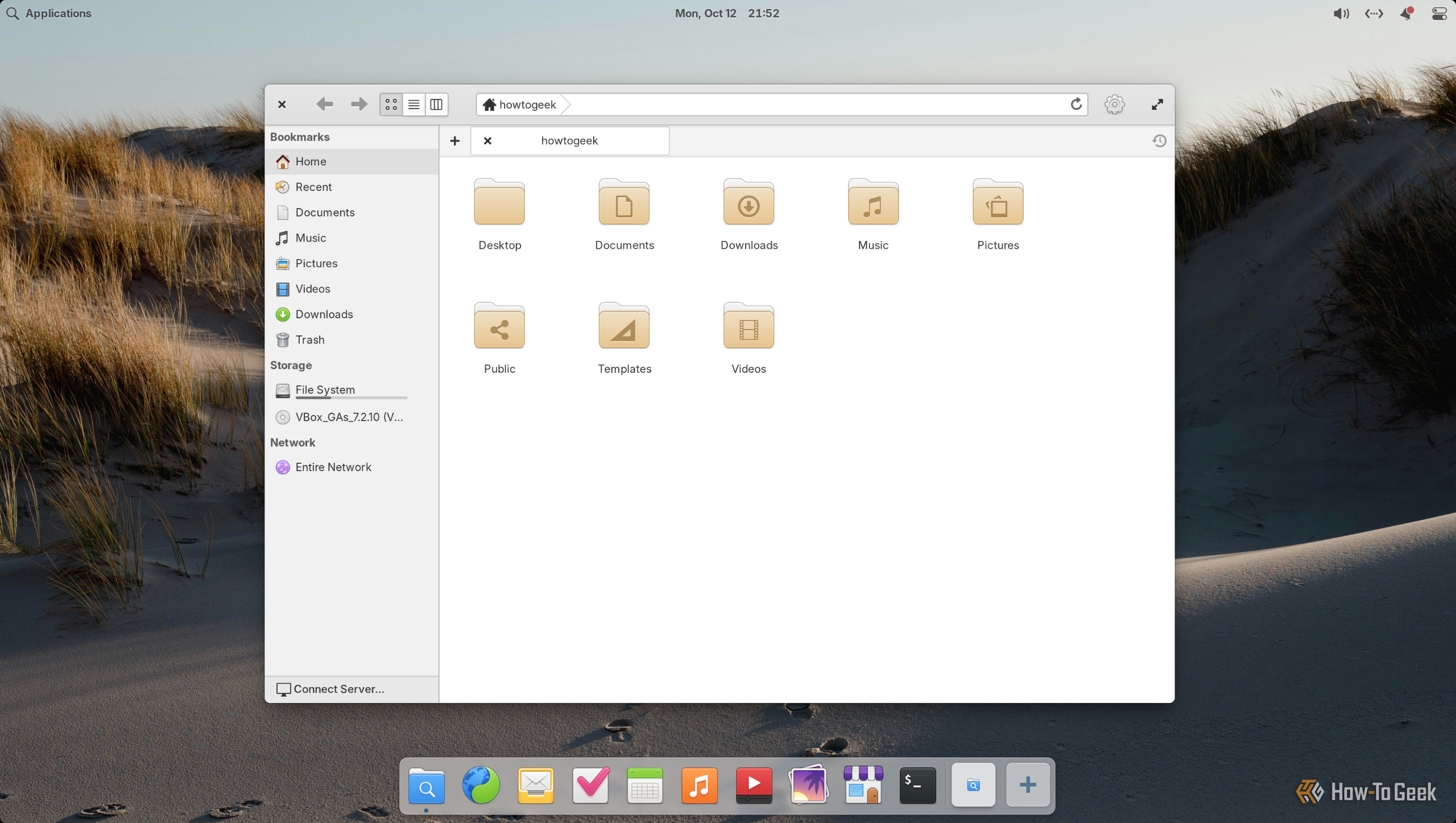 Pantheon Files file manager in icon view on the home folder with window controls on the left.