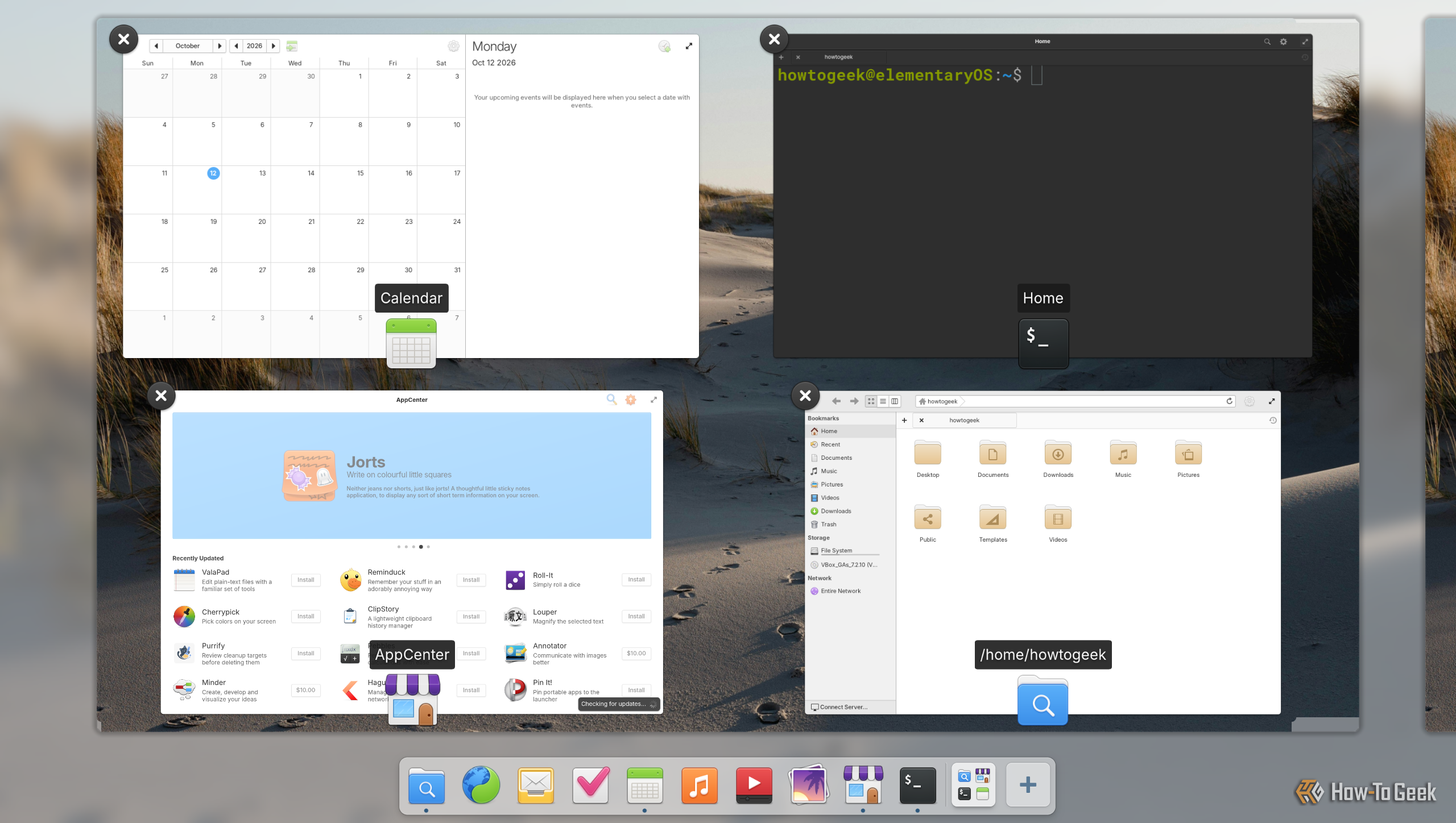 Pantheon multitasking view showing Calendar, Terminal, AppCenter and Files windows.