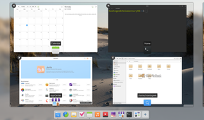 Pantheon multitasking view showing Calendar, Terminal, AppCenter and Files windows.
