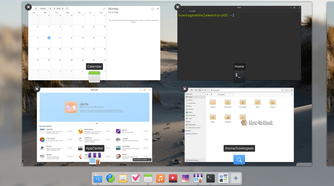 Pantheon multitasking view showing Calendar, Terminal, AppCenter and Files windows.