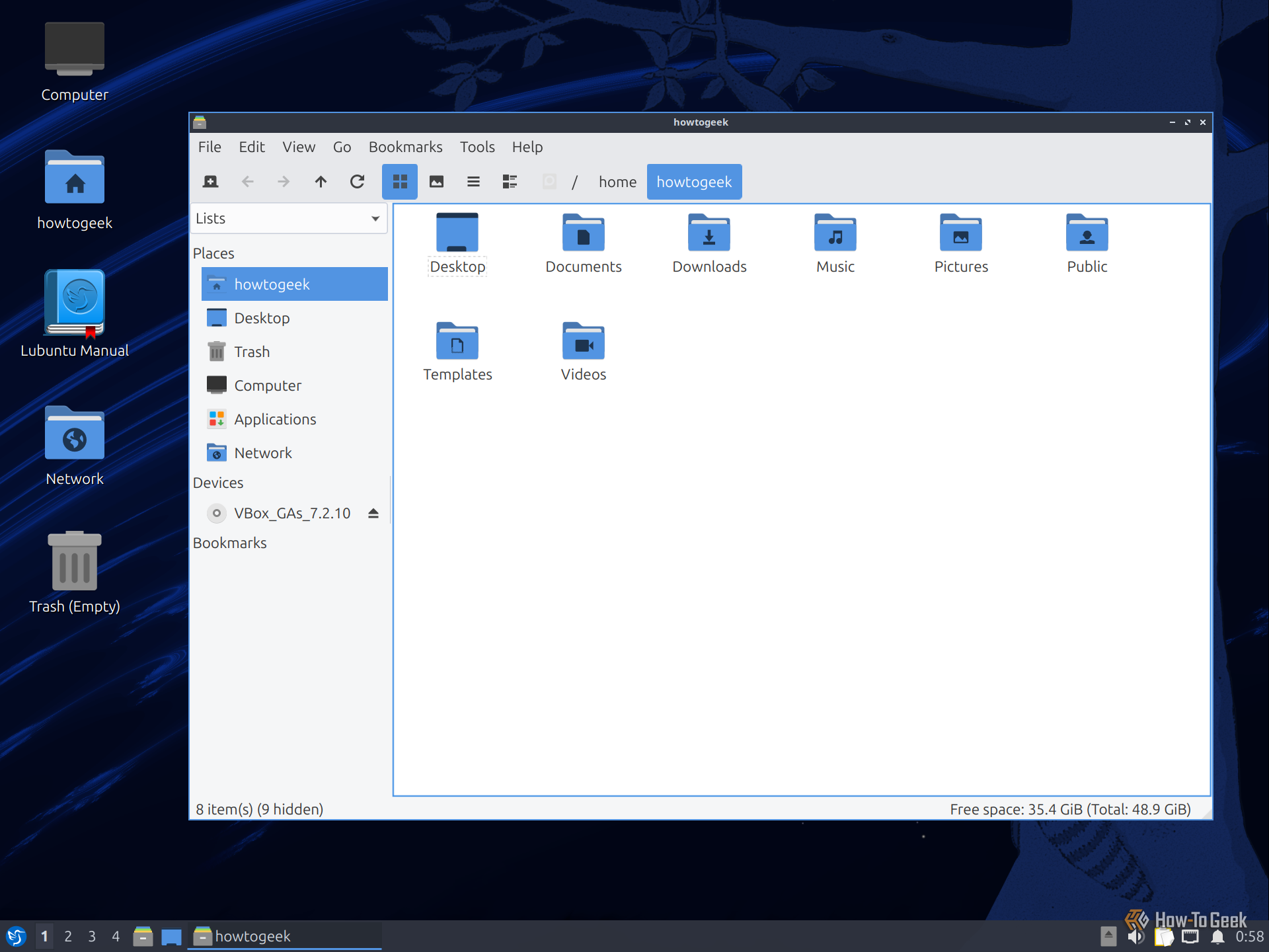 PCManFM-Qt file manager on LXQt open on the howtogeek home folder.