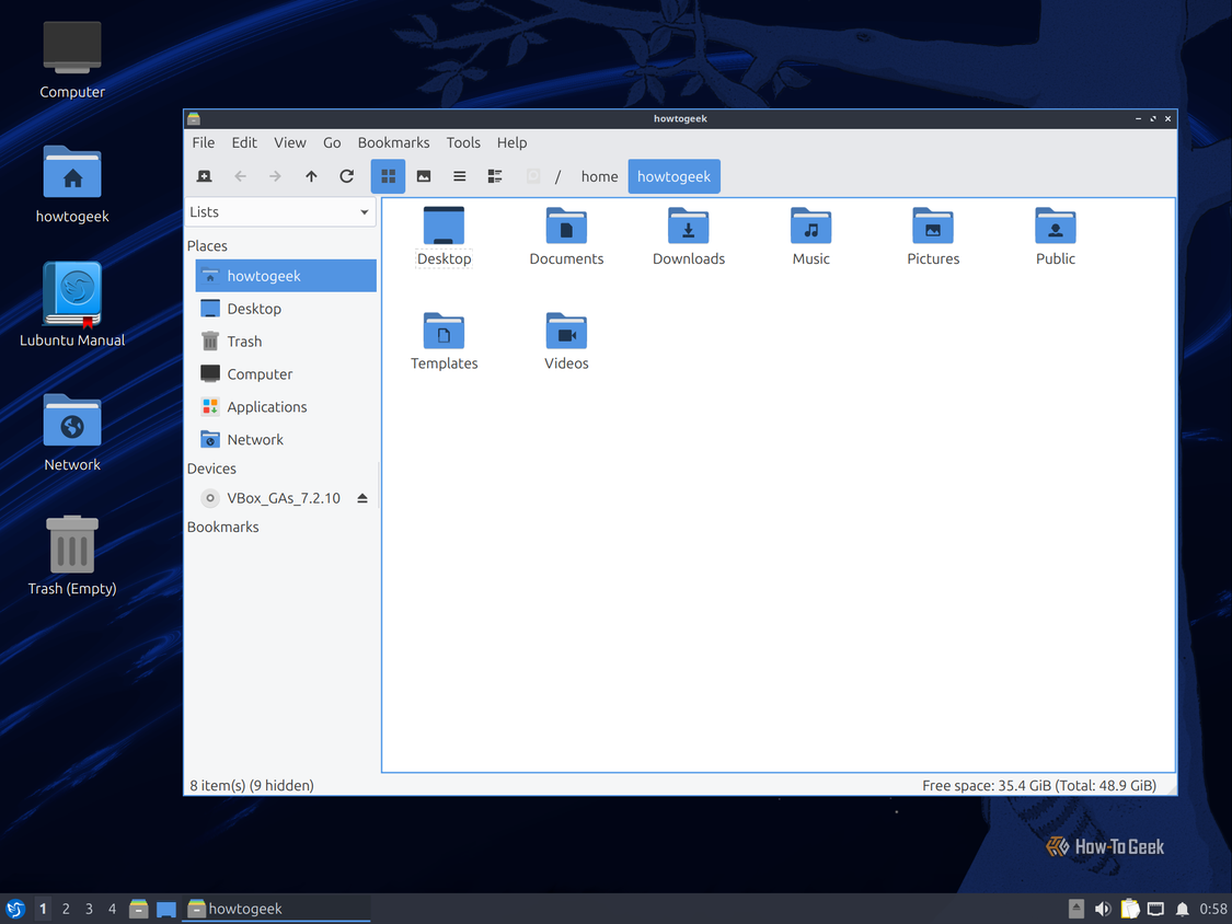 PCManFM-Qt file manager on LXQt open on the howtogeek home folder.