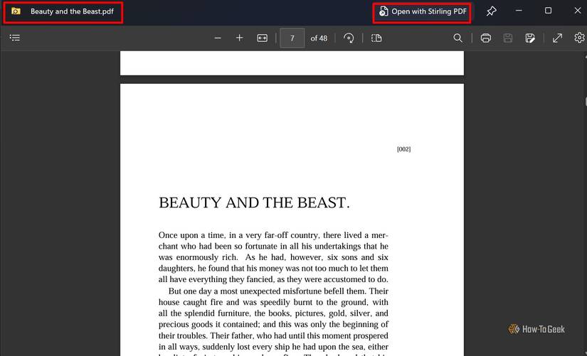 PowerToys Peek previewing a Beauty and the Beast PDF in a popup, with the option to open it in Stirling PDF.