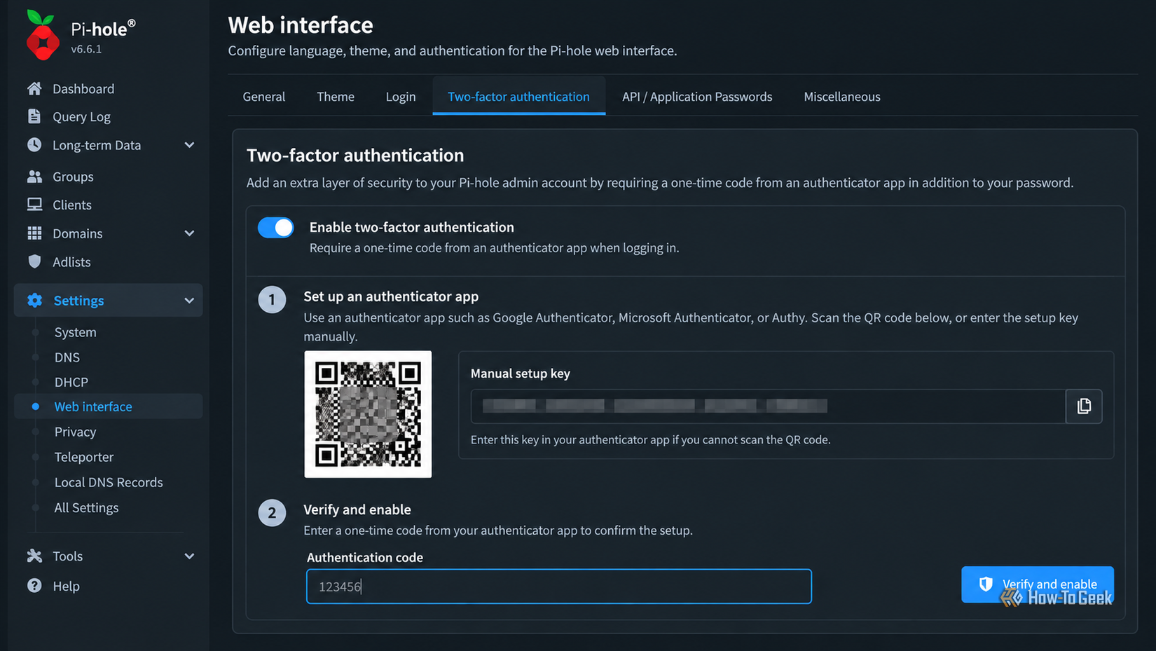 Pi-hole's web interface displays two-factor authentication settings with an authenticator app setup key, QR code, and verification field.