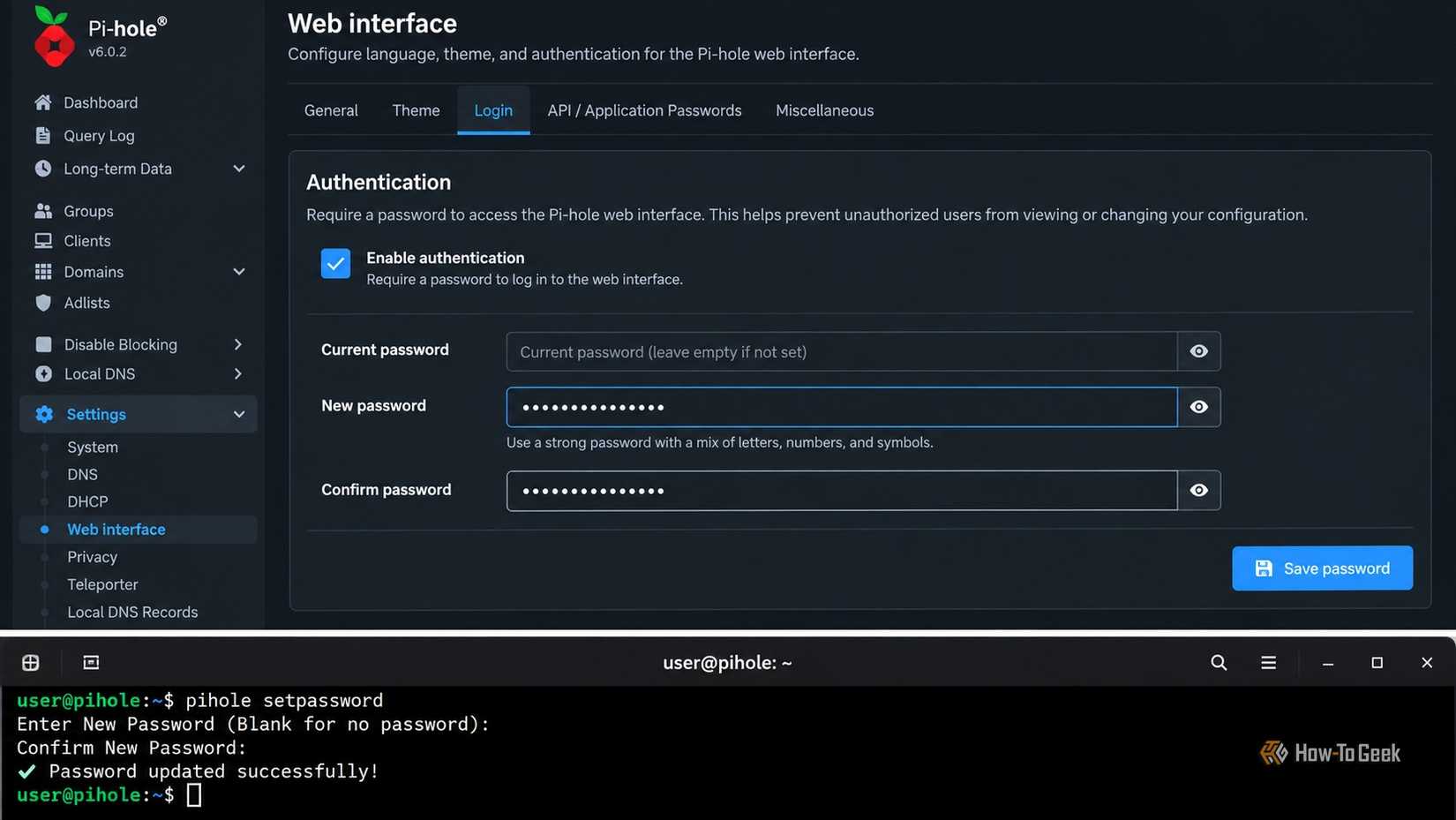 Pi-hole's web interface shows its authentication settings alongside a terminal running pihole setpassword to configure administrator access.