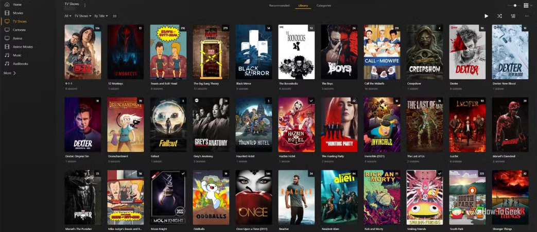 A grid layout of TV show poster cards displayed within a dark-themed media server interface.