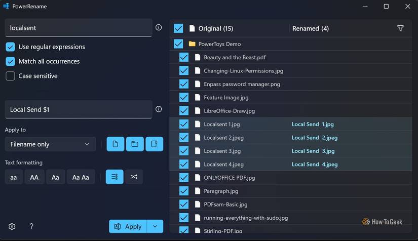 PowerRename selects 15 photos and uses the Find feature to locate and correct spelling errors in four filenames at once.