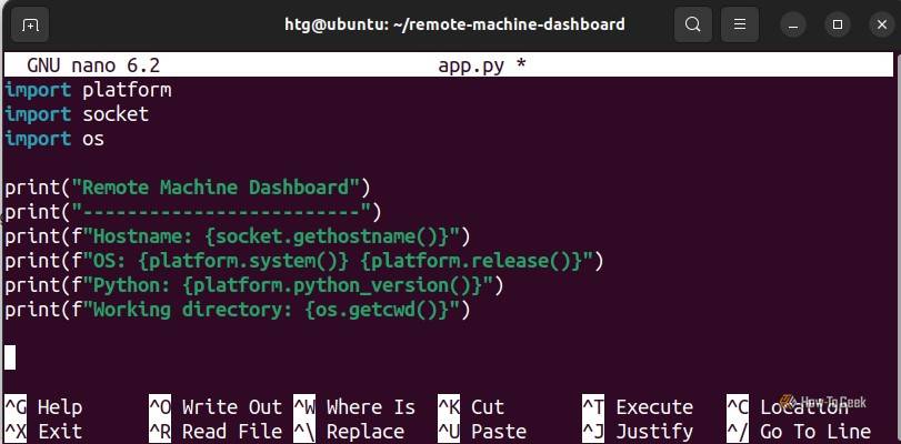 The app.py Python file is created with the Nano editor inside the remote-machine-dashboard directory for testing Remote - SSH.