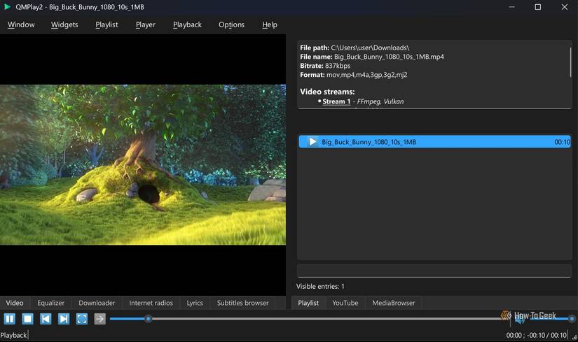 The Big Buck Bunny animation video playing in QMPlay2 media player.