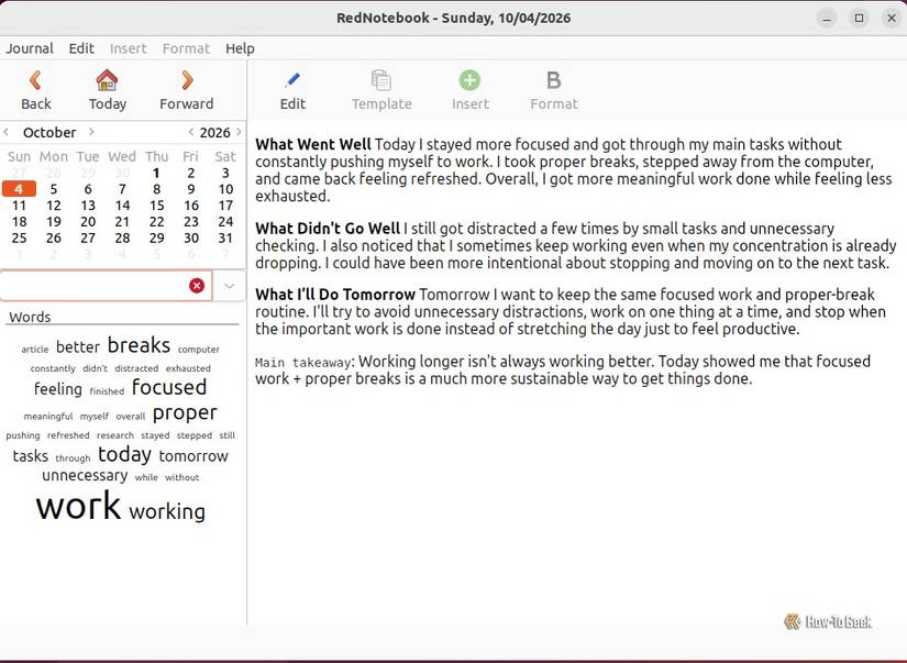 RedNotebook is open with a journal entry displayed in the main window.