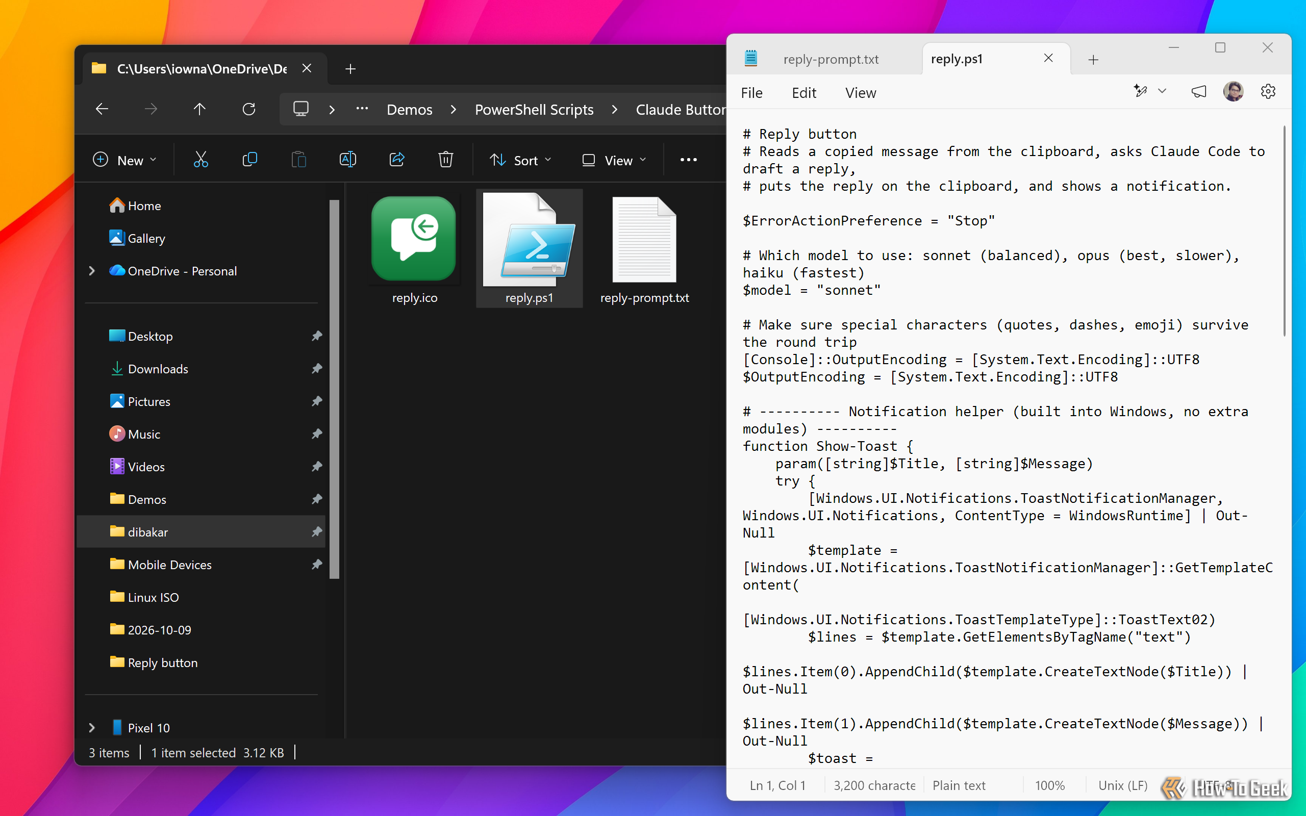 Reply button PowerShell script reply.ps1 open in Notepad with the sonnet model and notification helper.