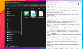 Reply button PowerShell script reply.ps1 open in Notepad with the sonnet model and notification helper.