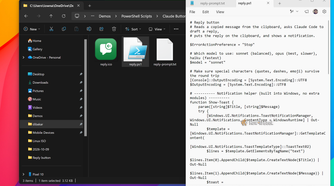 Reply button PowerShell script reply.ps1 open in Notepad with the sonnet model and notification helper.
