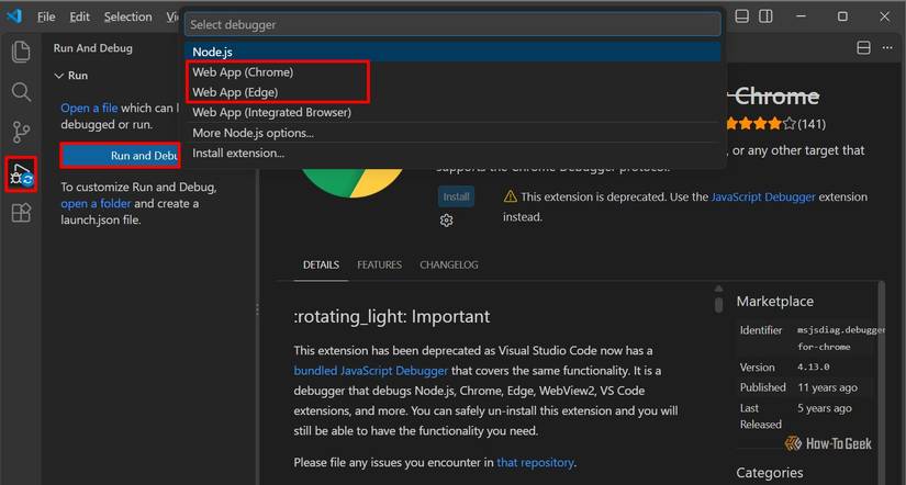 The Run and Debug menu shows Web App (Chrome) and Web App (Edge) options under Select debugger.