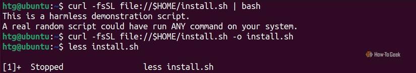 The terminal runs a demonstration script and displays its contents to show why you should inspect scripts before executing them.