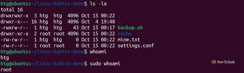 The terminal shows the results of whoami, sudo whoami, and ls -la to demonstrate the difference between regular and elevated privileges.