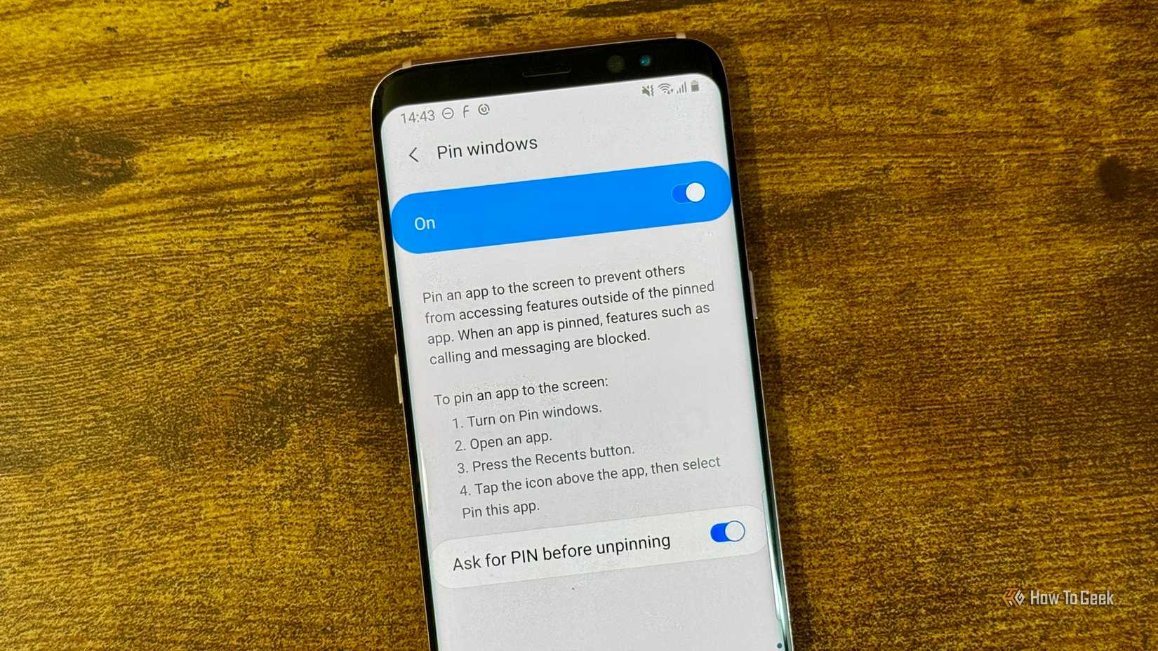 Samsung phone Pin windows settings page with the Ask for PIN before unpinning option.