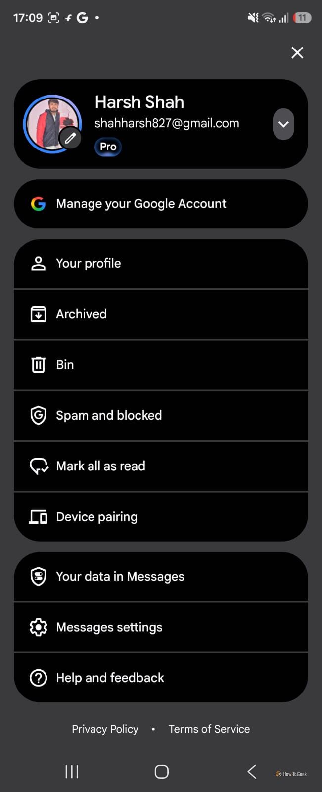 Settings page in Google Messages