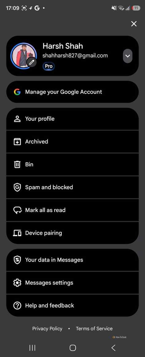 Settings page in Google Messages