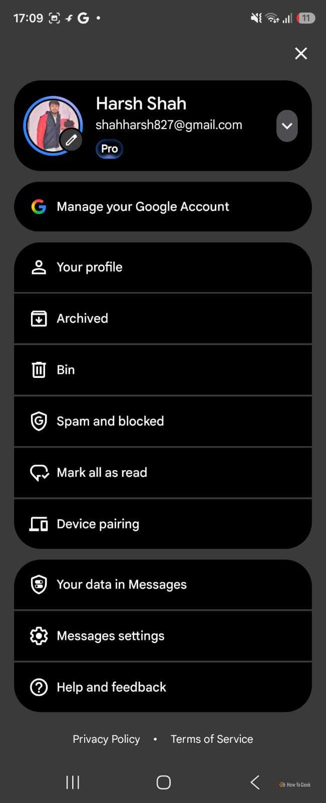 Settings page in Google Messages